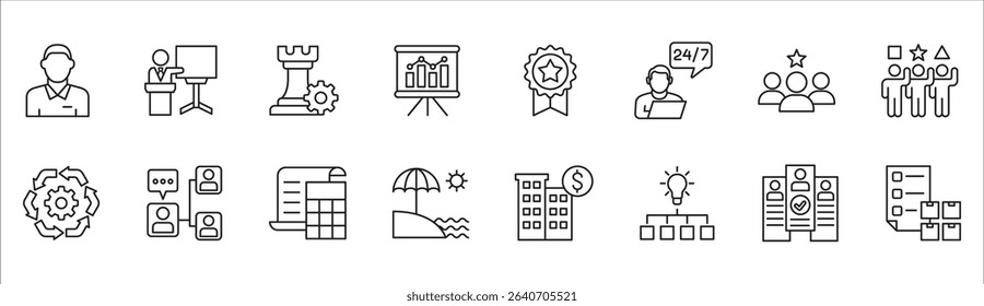Business and management icon set. Contains symbol of businessman, target, leadership, progress, holiday, data, stock, market, accounting, training, resource, finance, service. Vector illustration