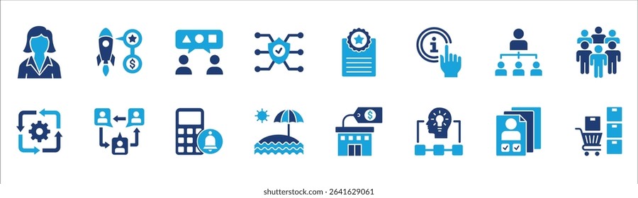 Business and management icon set. Contains symbol of businessman, target, leadership, progress, holiday, data, stock, market, accounting, training, resource, finance, service. Vector illustration