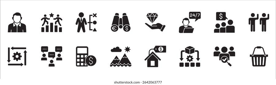 Business and management icon set. Contains symbol of businessman, target, leadership, progress, holiday, data, stock, market, accounting, training, resource, finance, service. Vector illustration