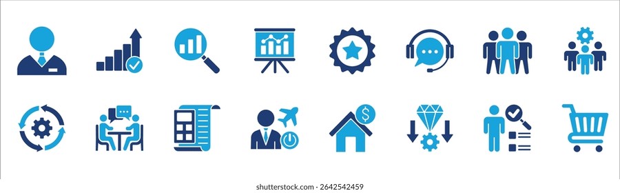 Business and management icon set. Contains symbol of businessman, target, leadership, progress, holiday, data, stock, market, accounting, training, resource, finance, service. Vector illustration
