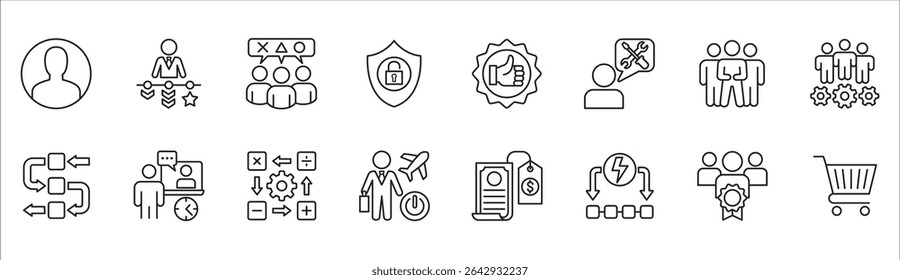 Business and management icon set. Contains symbol of businessman, target, leadership, progress, holiday, data, stock, market, accounting, training, resource, finance, service. Vector illustration
