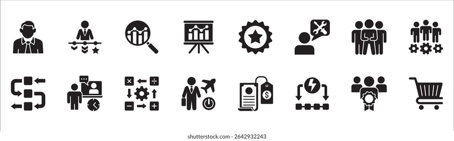 Business and management icon set. Contains symbol of businessman, target, leadership, progress, holiday, data, stock, market, accounting, training, resource, finance, service. Vector illustration