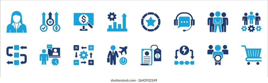 Business and management icon set. Contains symbol of businessman, target, leadership, progress, holiday, data, stock, market, accounting, training, resource, finance, service. Vector illustration