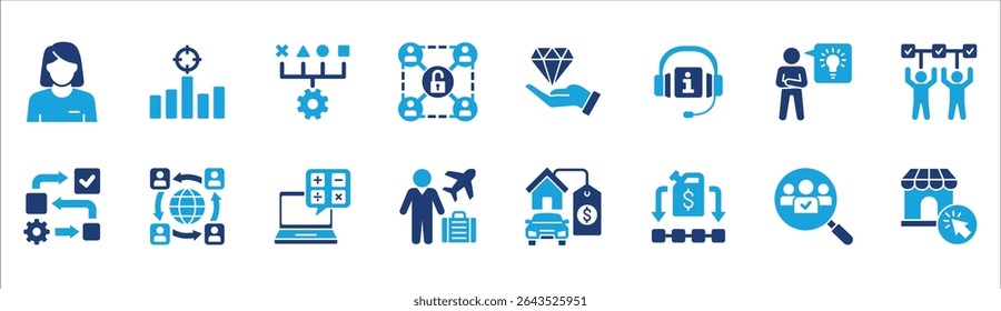 Business and management icon set. Contains symbol of businessman, target, leadership, progress, holiday, data, stock, market, accounting, training, resource, finance, service. Vector illustration
