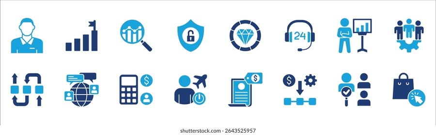 Business and management icon set. Contains symbol of businessman, target, leadership, progress, holiday, data, stock, market, accounting, training, resource, finance, service. Vector illustration