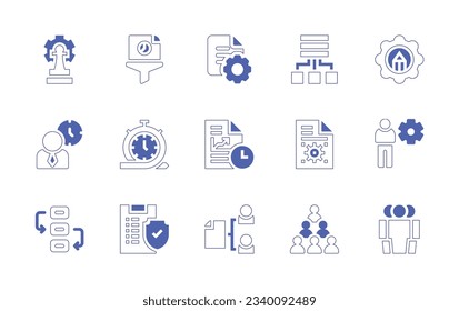 Business management icon set. Duotone style line stroke and bold. Vector illustration. Containing strategic, filtering, setting, aggregation, planning, time management, management, accountability.