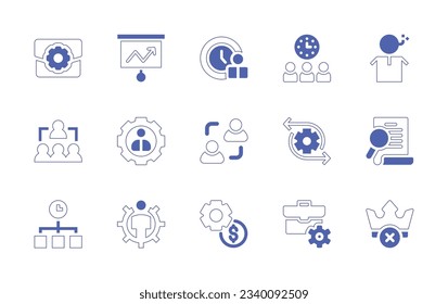 Business management icon set. Duotone style line stroke and bold. Vector illustration. Containing briefcases, presentation, time management, crisis management, team management, settings, change.