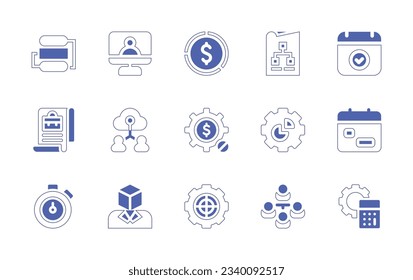 Business management icon set. Duotone style line stroke and bold. Vector illustration. Containing prioritize, marketing agency, pie chart, schemes, calendar, job, team, crisis, timeline.