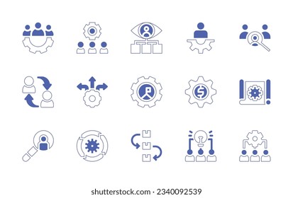 Business management icon set. Duotone style line stroke and bold. Vector illustration. Containing teamwork, onboarding, consultant, manager, search, exchange, decision making, goal, business, scheme.