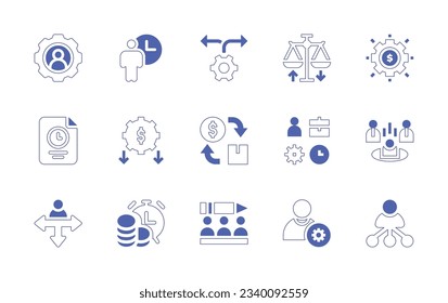 Business management icon set. Duotone style line stroke and bold. Vector illustration. Containing user, time manager, decision making, risk management, money management, time, recession, cash flow.
