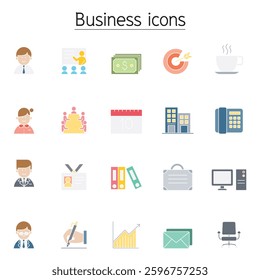 Business management icon set in flat color style