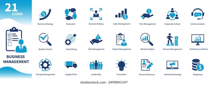 Business management icon. Set of icons for work, time management, leadership, finance, ideas, project manageicon. Solid vector icon