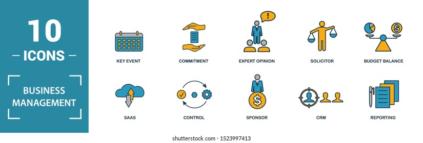 Business Management icon set. Include creative elements expert opinion, budget balance, sponsor, discussion, key event icons. Can be used for report, presentation, diagram, web design.