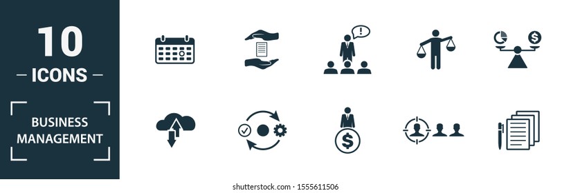 Business Management icon set. Include creative elements expert opinion, budget balance, sponsor, discussion, key event icons. Can be used for report, presentation, diagram, web design.
