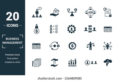 Business Management icon set. Include creative elements expert opinion, budget balance, sponsor, discussion, key event icons. Can be used for report, presentation, diagram, web design.