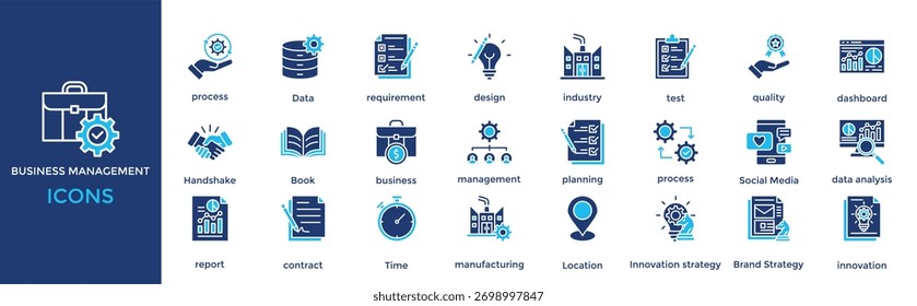 business management icon set. with icon process, Data, requirement, design, industry