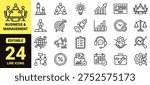 Business and management icon set with strategy, productivity, teamwork, analytics, planning, leadership, marketing, and high‑ranking corporate development elements in modern line‑art vector style