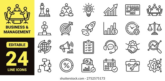 Business and management icon set with strategy, productivity, teamwork, analytics, planning, leadership, marketing, and high‑ranking corporate development elements in modern line‑art vector style