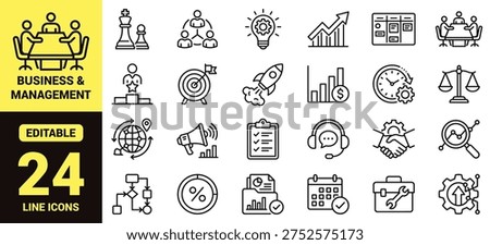 Business and management icon set with strategy, productivity, teamwork, analytics, planning, leadership, marketing, and high‑ranking corporate development elements in modern line‑art vector style