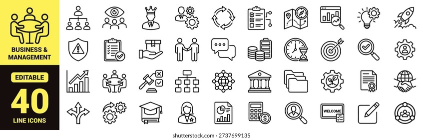 Business and management icon set with teamwork, leadership, strategy, data analysis, finance, communication, education, innovation, risk, and essential business ranking symbols in line‑art style