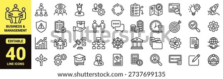 Business and management icon set with teamwork, leadership, strategy, data analysis, finance, communication, education, innovation, risk, and essential business ranking symbols in line‑art style