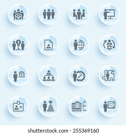 Business and management icons with buttons on blue background.