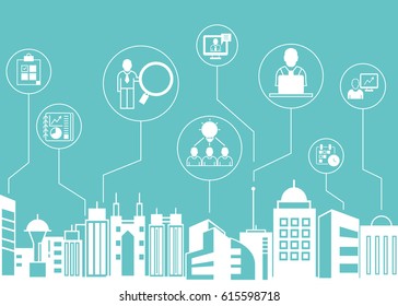 business management icons with city skyline background