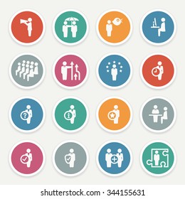 Business and management icons with color buttons on gray background.