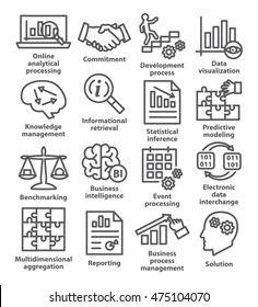 Business management icons in line style on white. Pack 04.