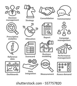 Business management icons in line style. Career progress, strategy and business process. Pack 18.