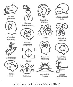 Business management icons in line style. Career progress, strategy and business process. Pack 19.
