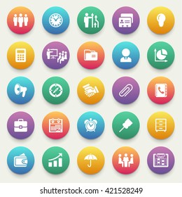 Business and management icons on color stickers.