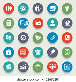 Business and management icons on color stickers.
