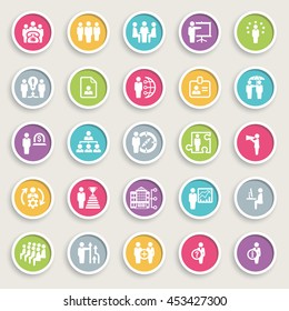 Business and management icons on color buttons.