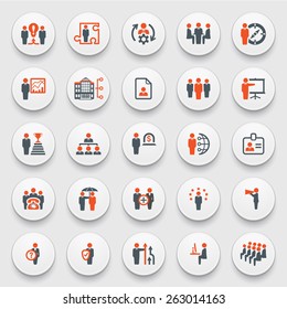 Business and management icons on white buttons. Flat design.