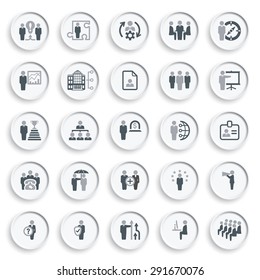 Business and management icons on white buttons. Flat design.