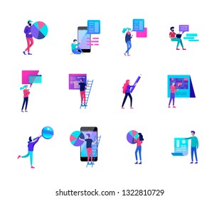 Business and Management Icons with people. Office concept, management and administration. Character planing, web desidn, financial consultant research, start up and solution, vector illustration.
