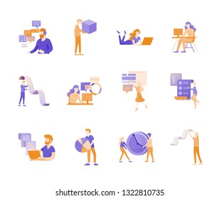 Business and Management Icons with people. Office concept, management and administration. Character planing, web desidn, financial consultant research, start up and solution, vector illustration.