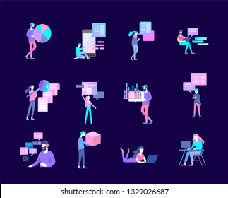 Business and Management Icons with people. Office concept, management and administration. Character planing, web desidn, financial consultant research, start up and solution, vector illustration.