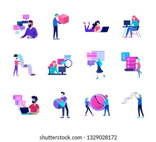 Business and Management Icons with people. Office concept, management and administration. Character planing, web desidn, financial consultant research, start up and solution, vector illustration.