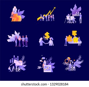 Business and Management Icons with people. Office concept, management and administration. Character planing, web desidn, financial consultant research, start up and solution, vector illustration.