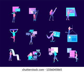 Business and Management Icons with people. Office concept, management and administration. Character planing, web desidn, financial consultant research, start up and solution, vector illustration.