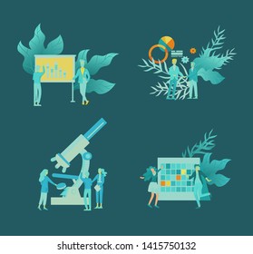 Business and Management Icons with people. Office concept, management and administration. Character planing, web desidn, financial consultant research, start up and solution, vector illustration.