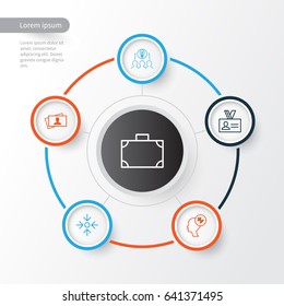 Business Management Icons Set. Collection Of Business Aim, Human Mind, Authentication And Other Elements. Also Includes Symbols Such As Identification, Haversack, Portfolio.