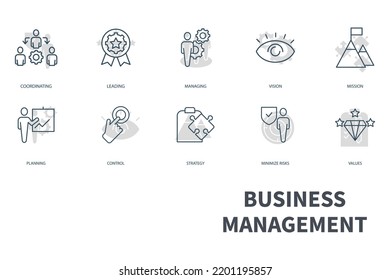 Conjunto de iconos de administración de negocios. Conjunto de iconos de trazo editables.Conjunto de vectores de Business Management 
