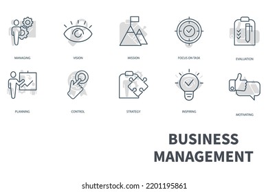 Conjunto de iconos de administración de negocios. Conjunto de iconos de trazo editables.Conjunto de vectores de Business Management 
