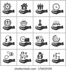 business management icons set, hand holding resource concept