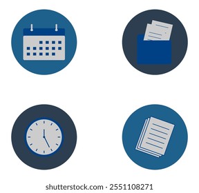 Business Management Icons Set. Illustration of calendar, document folder, clock, and stacks of paper with gray and blue background.