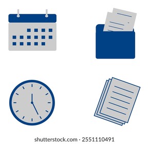 Business Management Icons Set. Illustration of calendar, document folder, clock, and stacks of paper.
