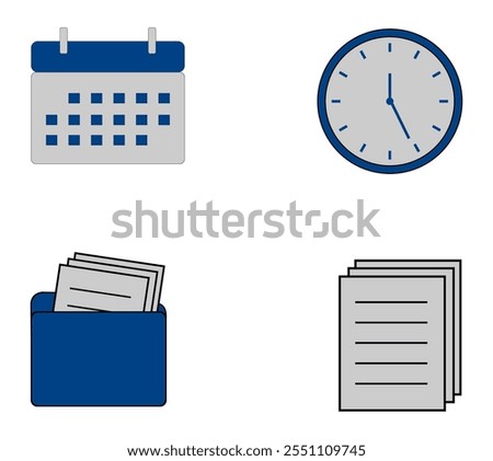 Business Management Icons Set. Illustration of calendar, document folder, clock, and stacks of paper with black outline.